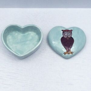 Green Ceramic Heart Shaped Lidded Trinket Dish with Handpainted Owl for Jewelry